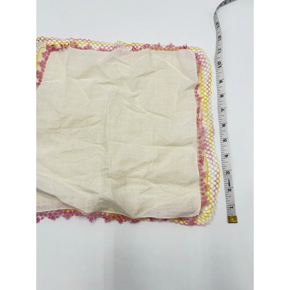 Vintage Linen Handkerchief Set 2 Tatting Lace Trim Pink Yellow Wedding Hankies